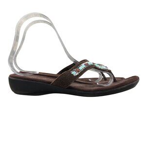 Minnetonka Women's Size 8 Chocolate Brown Leather Open Toe Beaded Wedge Sandals